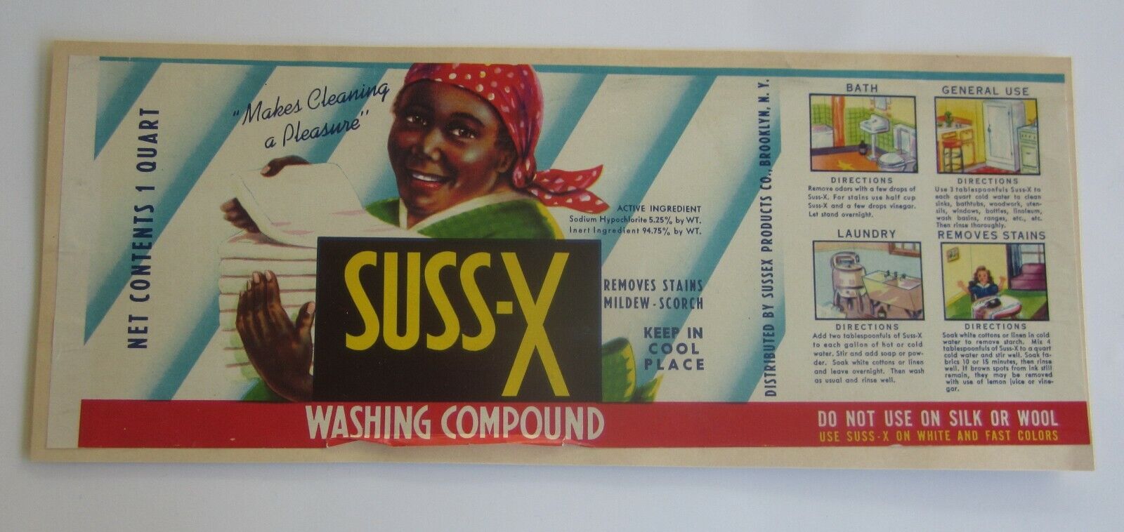 Old Vintage 1940's - SUSS-X - Cleaning Product - LABEL - Brooklyn N.Y.  - SAMPLE