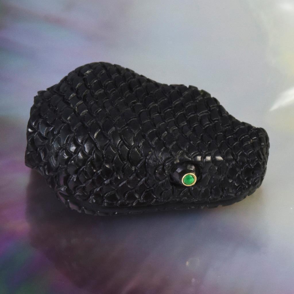 Black Nephrite Jade Snake Head Bead 31.80 mm Carving Emerald Eyes 12.60 g