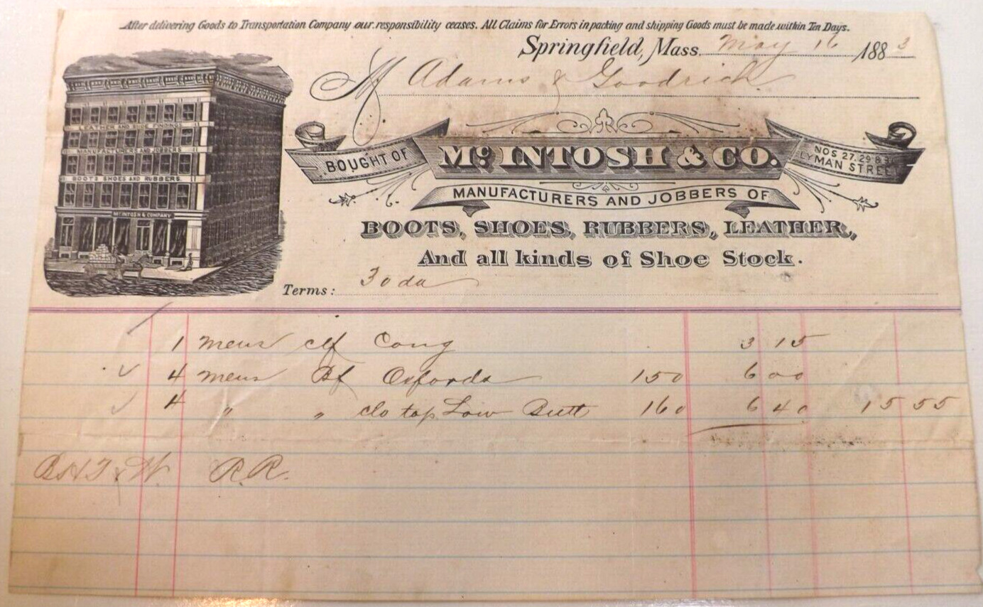 1883 BILLHEAD McINTOSH & CO. SPRINGFIELD MA BOOTS SHOES to Adams Fair Haven  VT