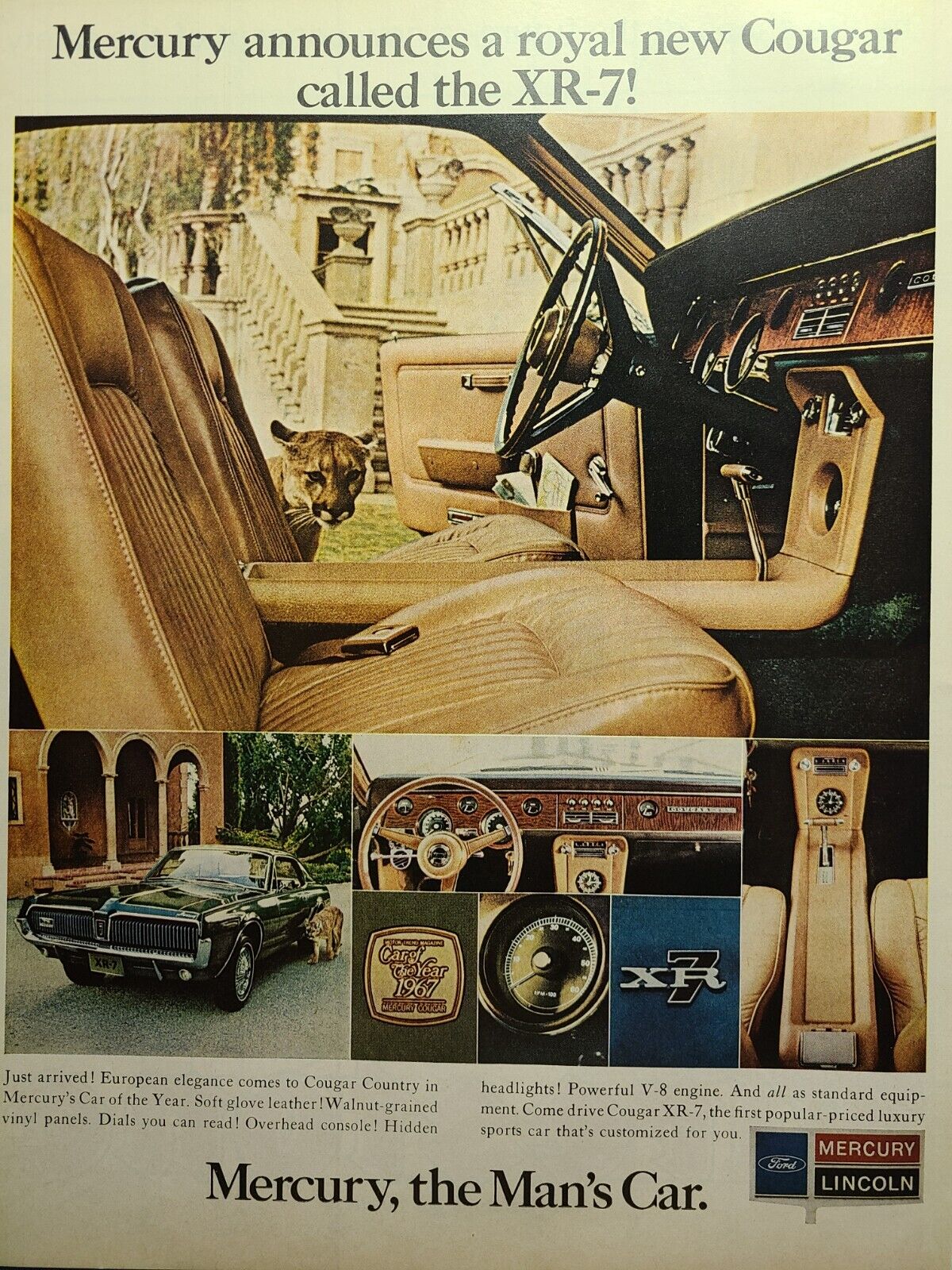 Vintage Print Ad 1967 Mercury Cougar XR-7 Man\'s Car Leather Walnut Elegance