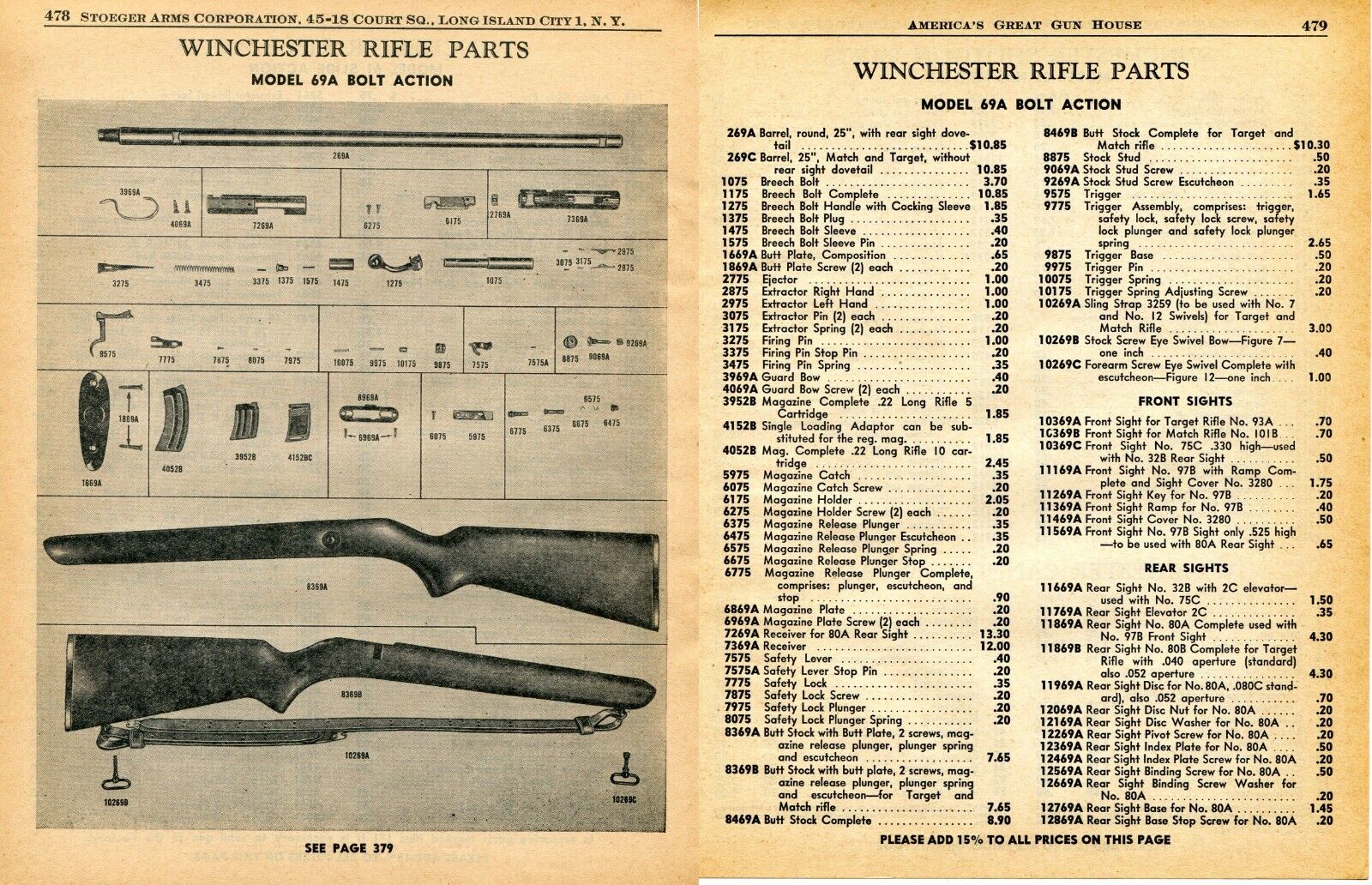 1958 2pg Print Ad of Winchester Model 69A Bolt Action Rifle Parts List