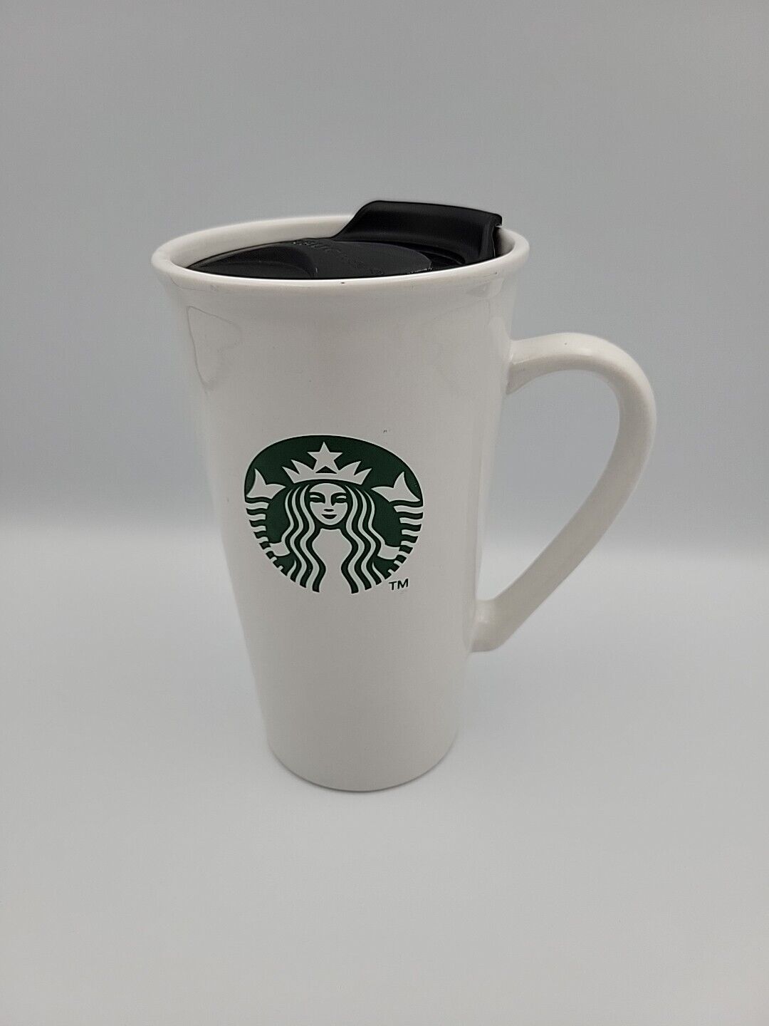Starbucks Ceramic Travel Mug Handle 2015 Green Mermaid Logo Black Lid 14.3oz
