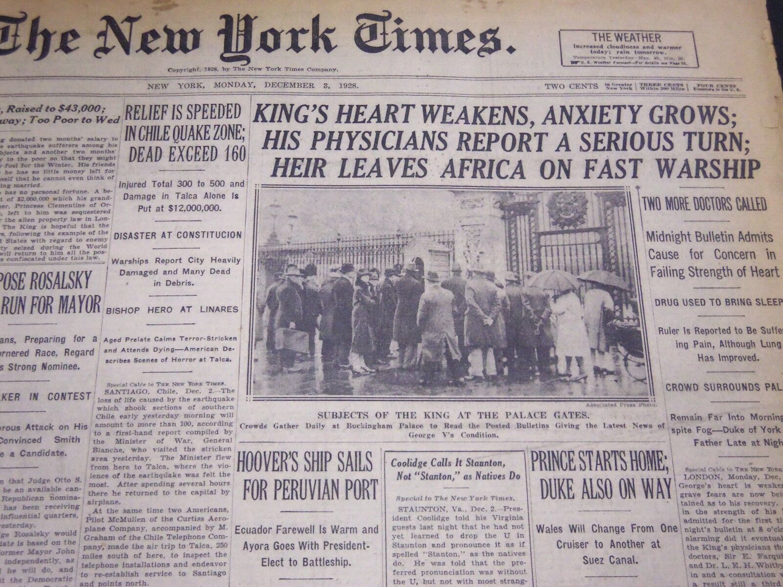 1928 DEC 3 NEW YORK TIMES - KING'S HEART WEAKENS, ANXIETY GROWS - NT 5120