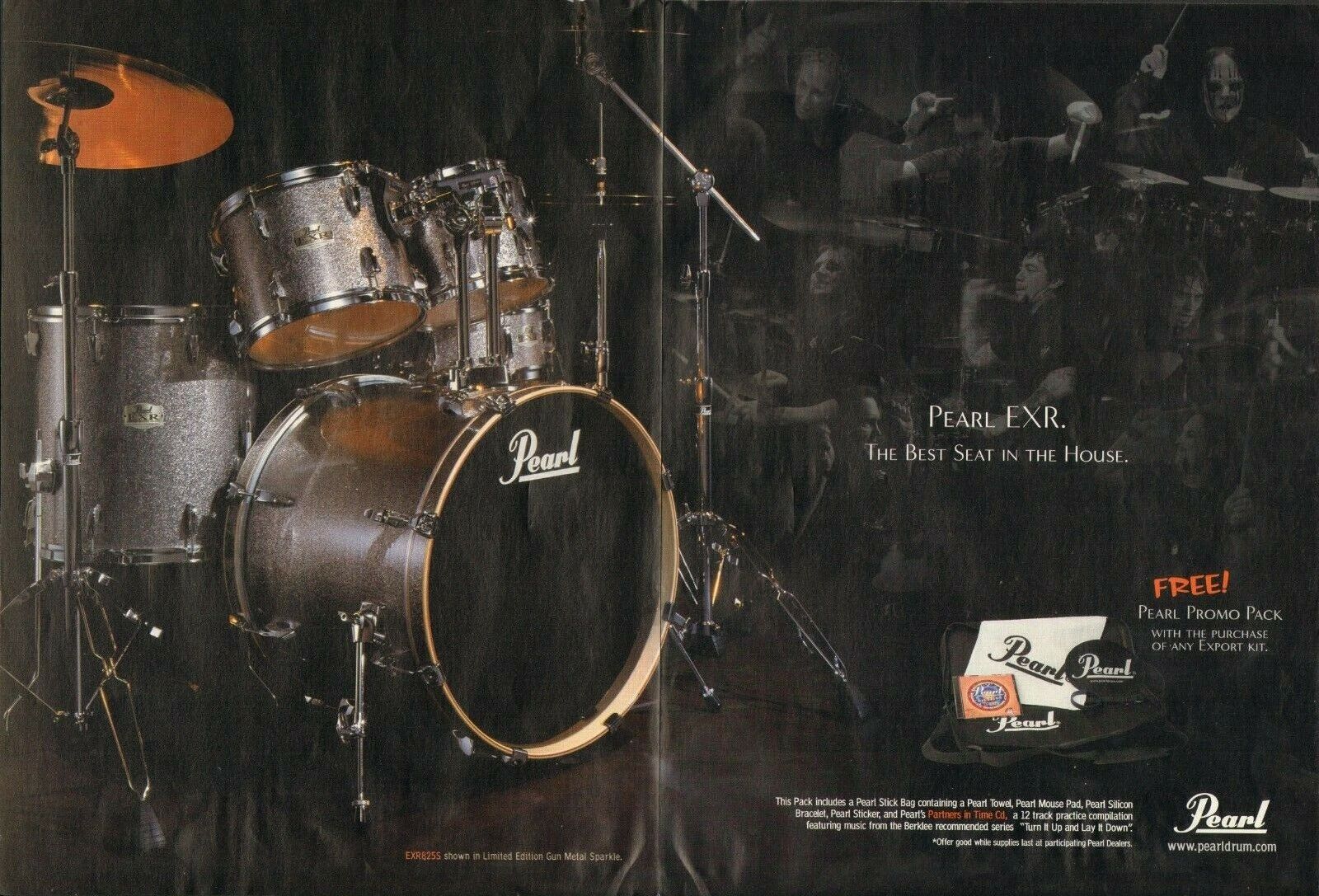 2005 2pg Print Ad Pearl EXR Gun Metal Sparkle Drum Kit Joey Jordison Morgan Rose