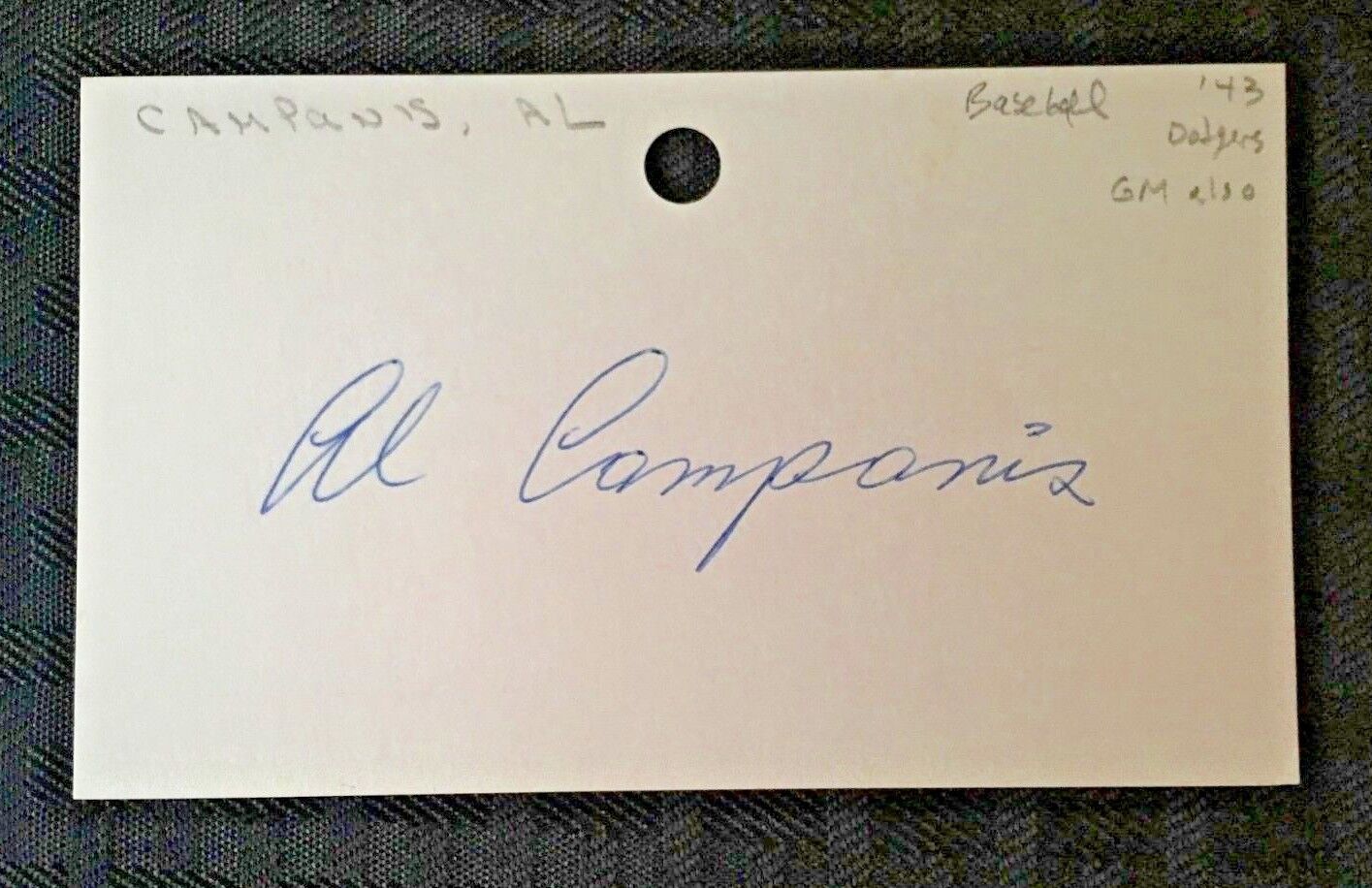 1943 HAND SIGNED BROOKLYN DODGERS MLB *AL CAMPANIS* JSA (D.1998) AUTOGRAPHED
