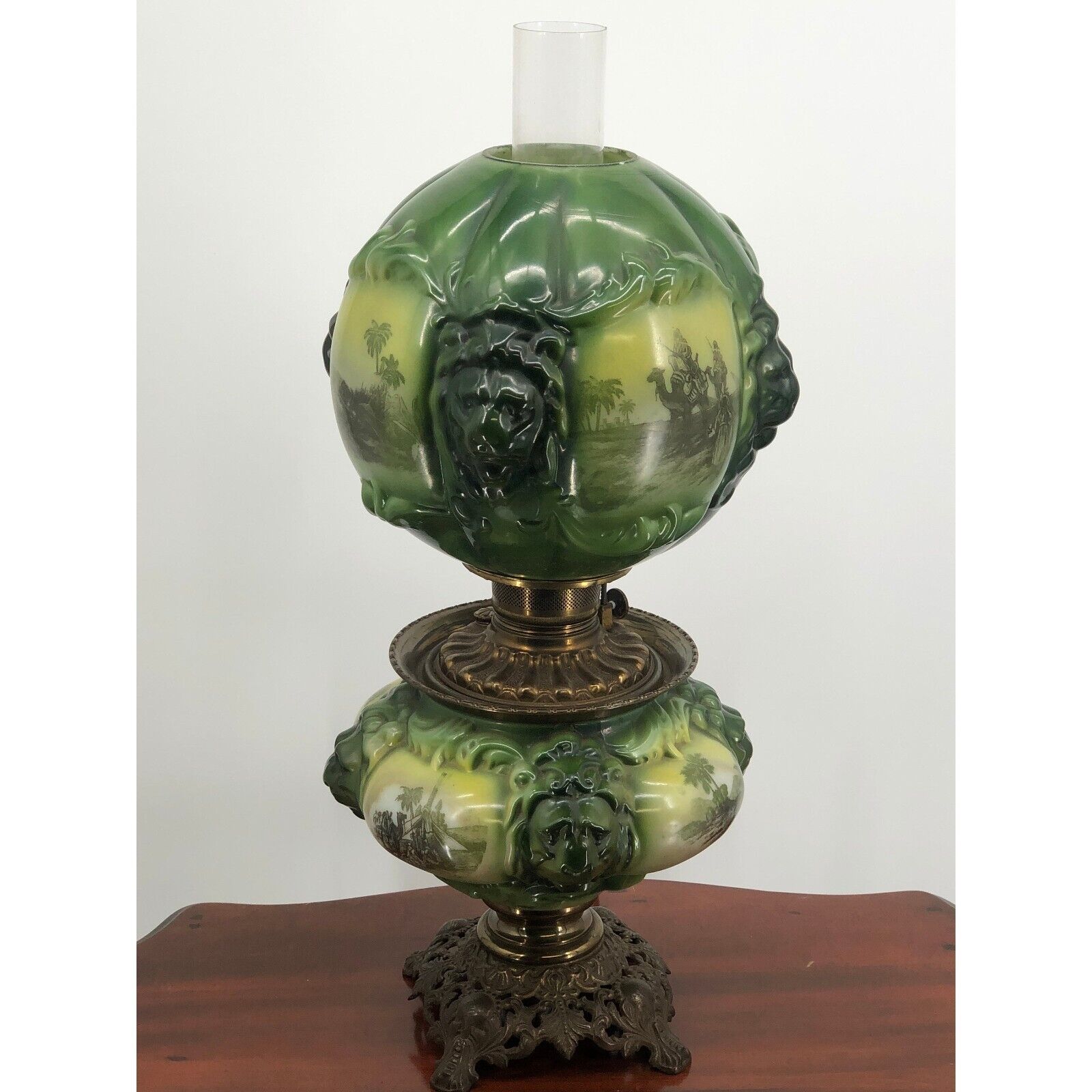 Antique Victorian Hand Painted Consolidated Glass Lion Green Gone With The Wind