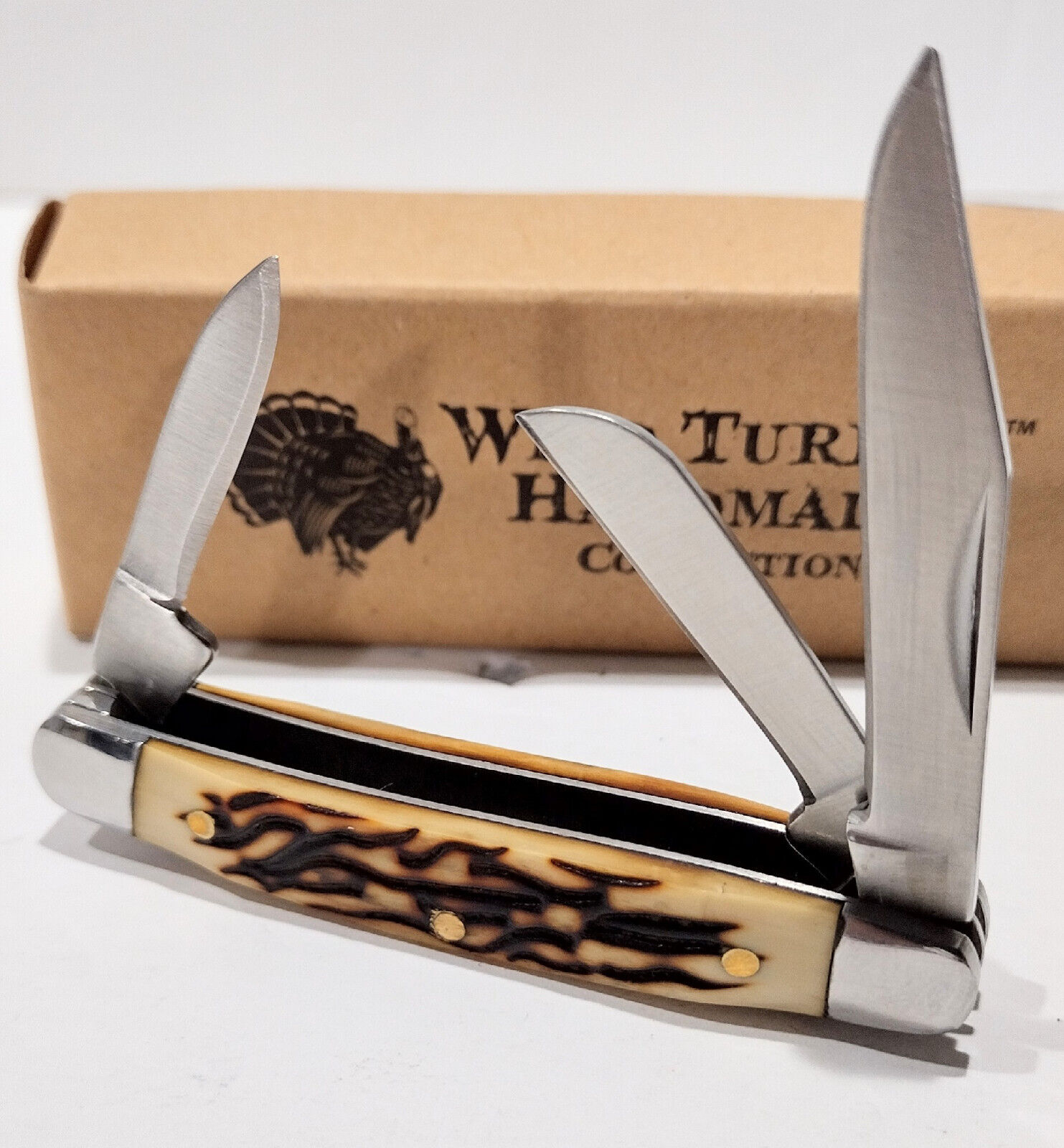 Wild Turkey Handmade Burnt Jigged Bone Small 3 Blade Gentlemen Call Pocket Knife