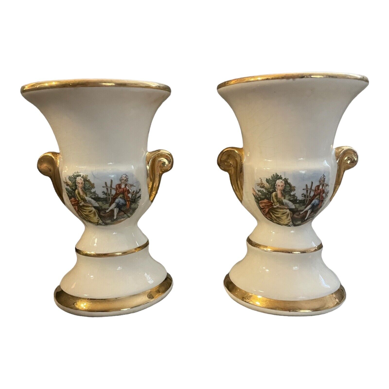 Vintage Victorian White Vases/Urns with Boucher Design Outlined in Gold set of 2