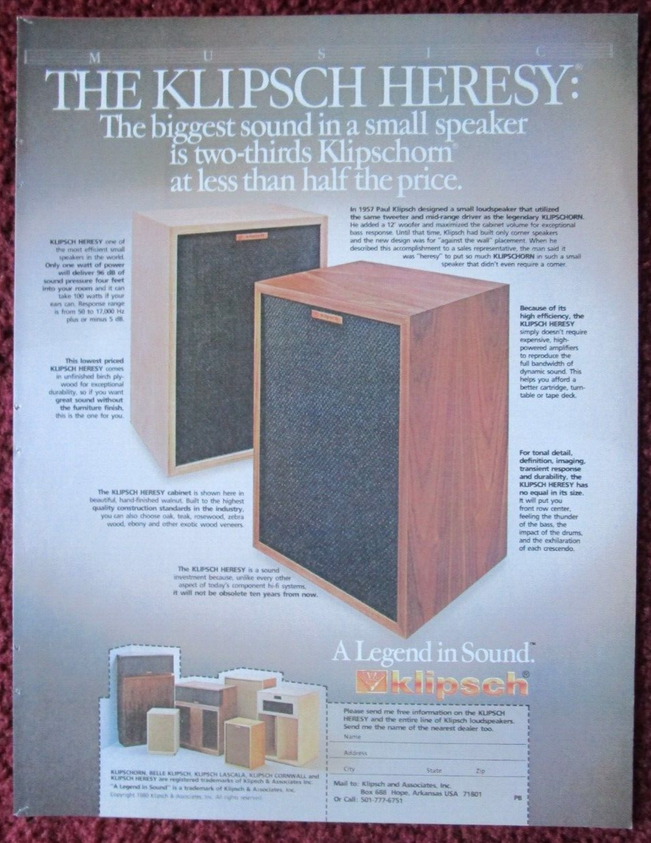 1980 KLIPSCH HERESY Stereo Speakers Print Ad ~ Two-Thirds KLIPSCHORN Half Price