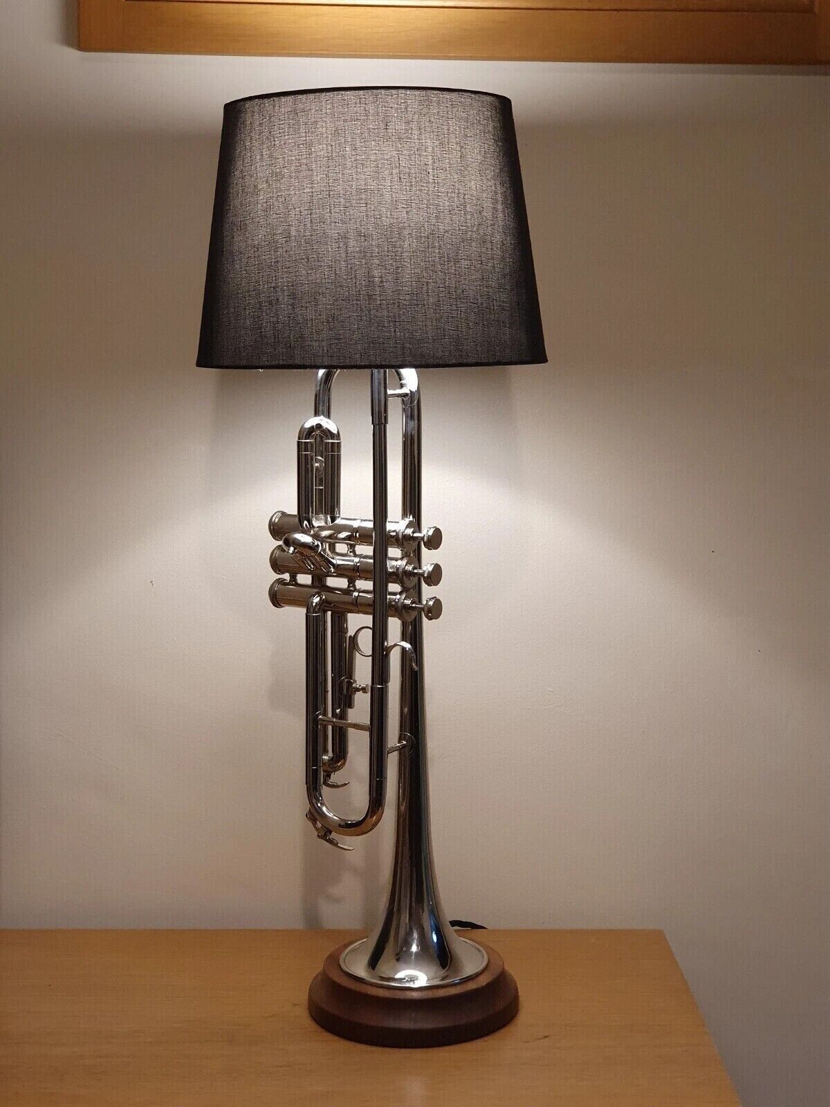 Trumpet lamp Silver with round walnut Wooden base Beside Lamp Table Lamp Décor