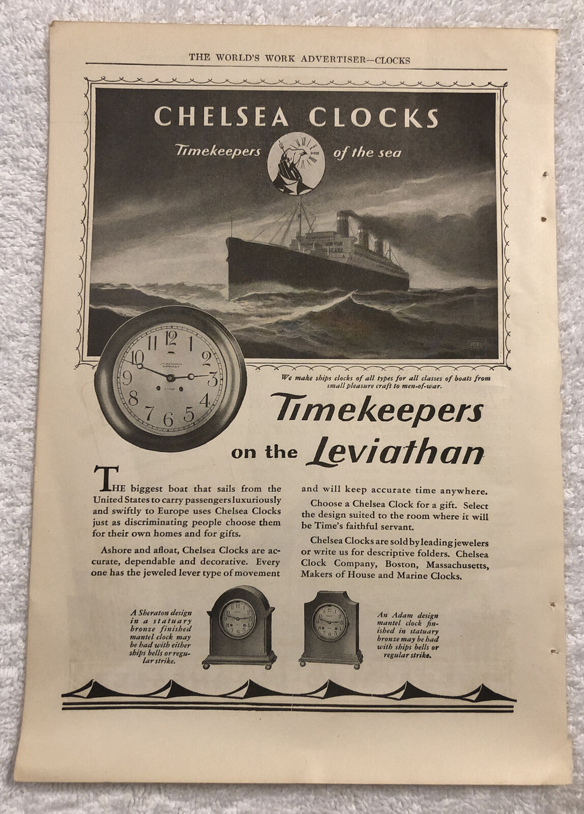 Vintage 1927 Print Advertising- Chelsea Clocks - Full Page Magazine Ad