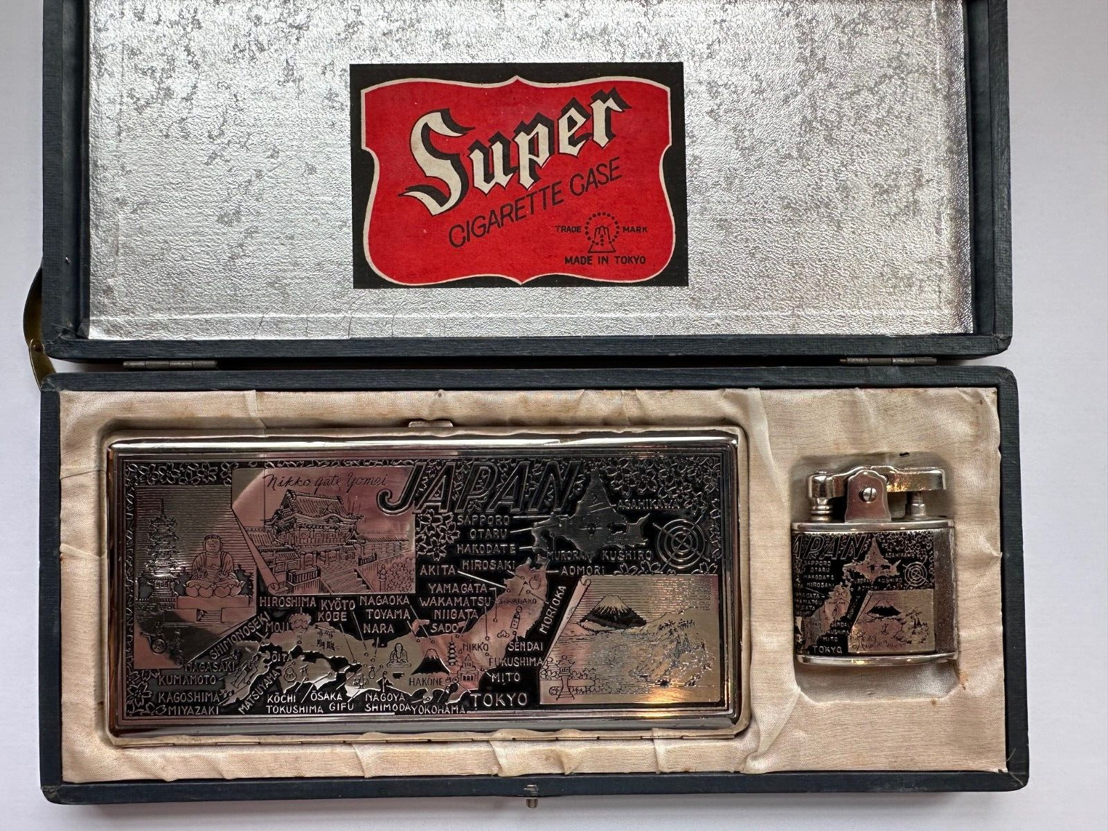 Late 40s Japanese Cigarette Case & Lighter Silvertone & Black Enamek In Orig Box