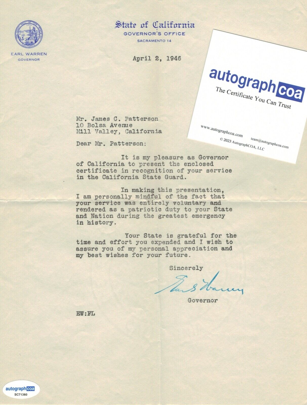 RARE Earl Warren CA Governor Signed Vintage 1946 Typed Letter Autograph COA