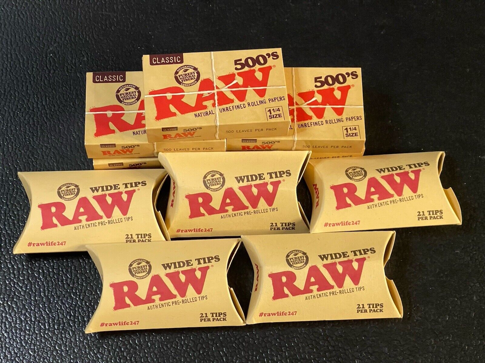 Lot Of 5 Packs Raw 500\'s Classic Natural Unrefined Rolling Paper + Wide Tips Set
