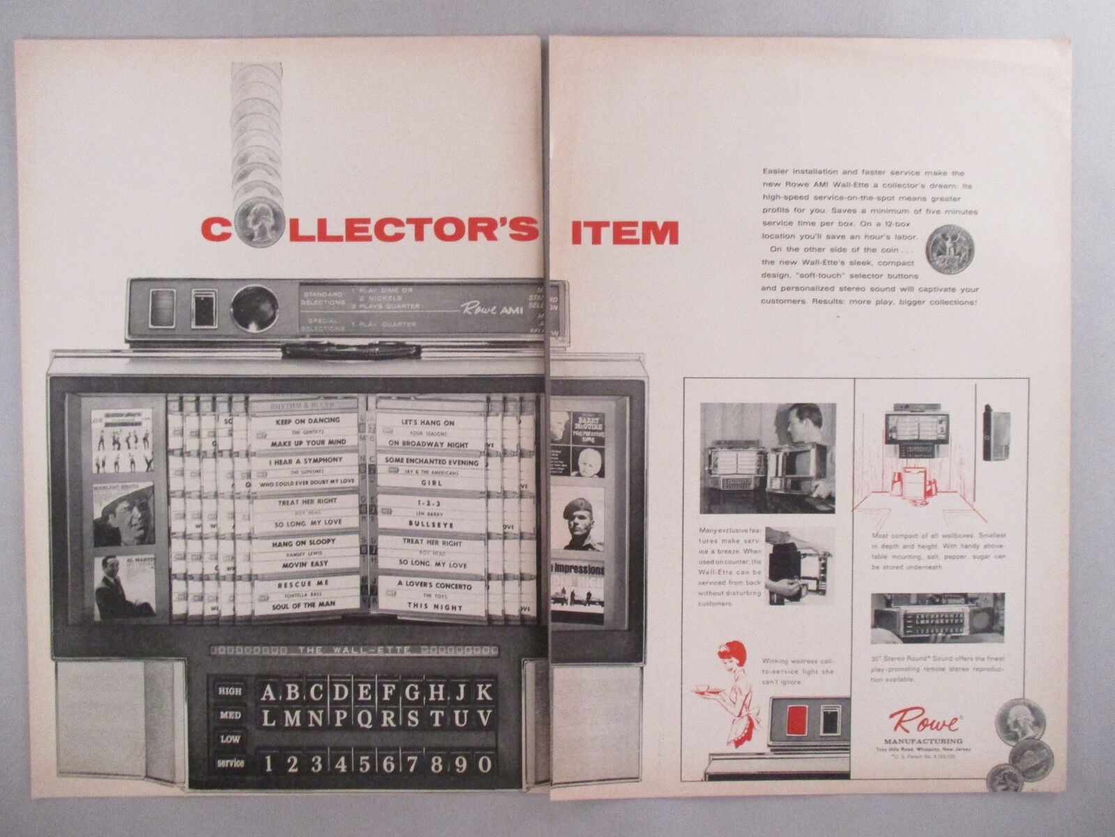Rowe AMI Wall-ette Diner Jukebox Phonograph Double-Page PRINT AD -- 1967 