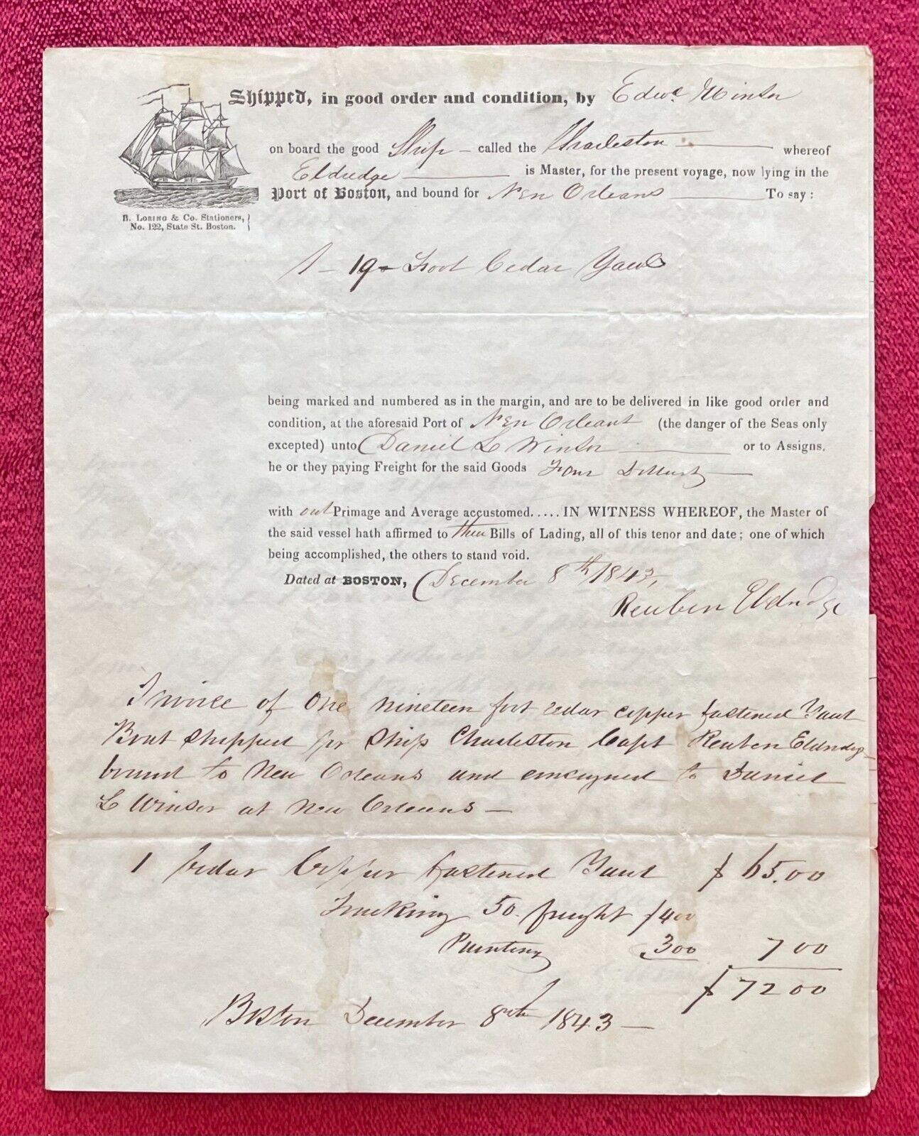 1843 BILL OF LADING / LETTER / COVER - SHIPMENT FROM BOSTON TO NEW ORLEANS