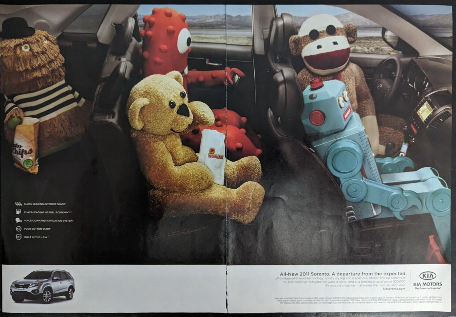 2011 Kia Sorento Teddy Bear Sock Monkey Robot Alien Interior Vintage Print Ad