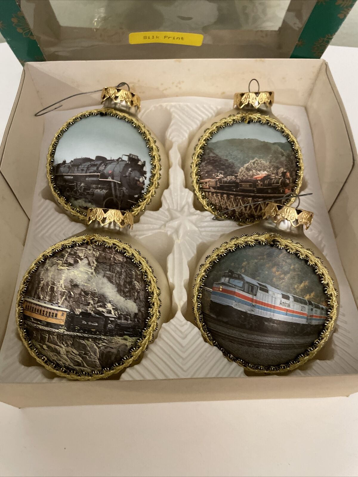 4 Rare Con-Cor Railroad Train glass with Silk Screen Christmas Ornaments 3\