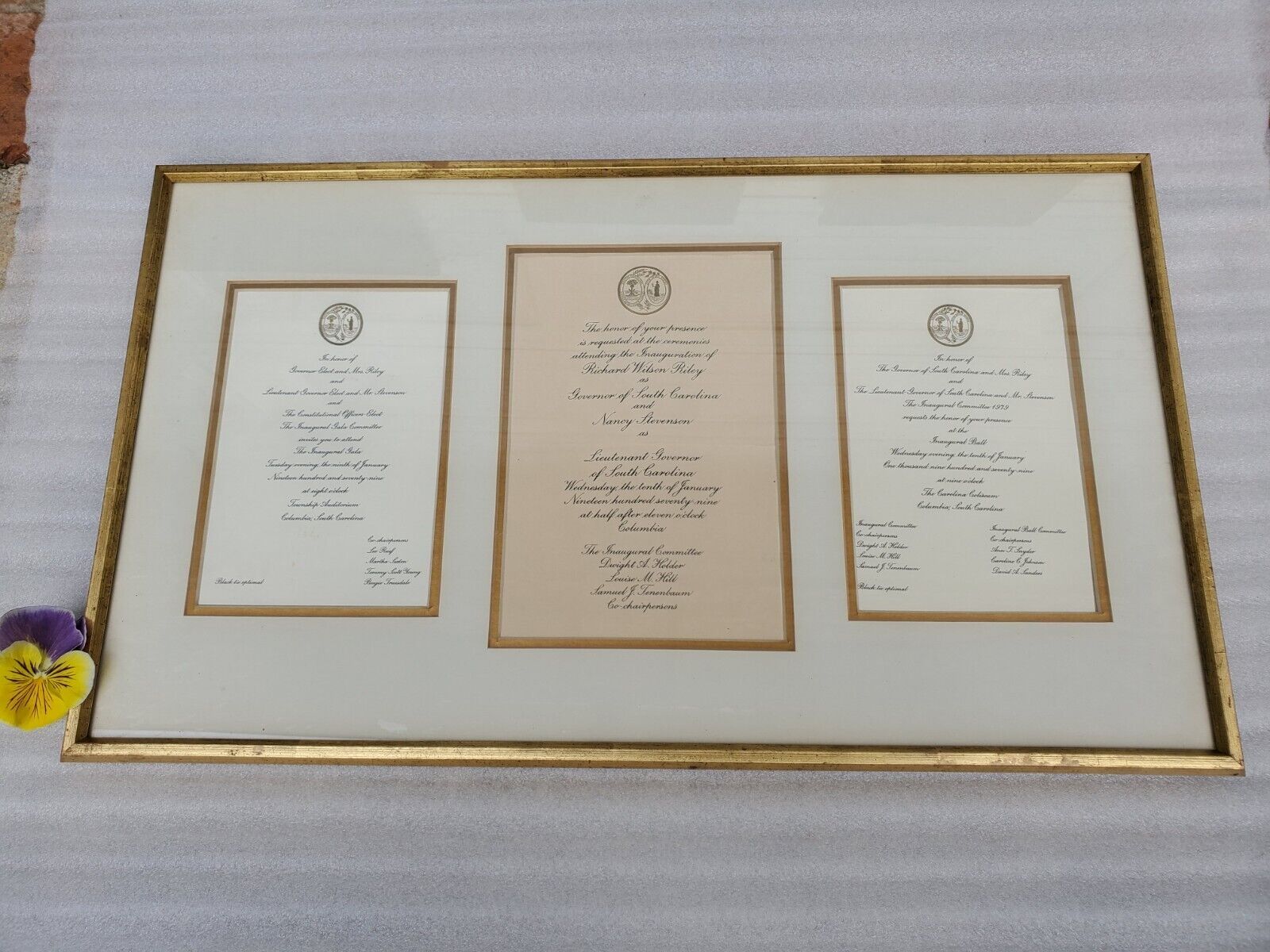 RICHARD (DICK) RILEY GOVERNOR OF SC 1979 INARGUARAL INVITATIONS, FRAMED