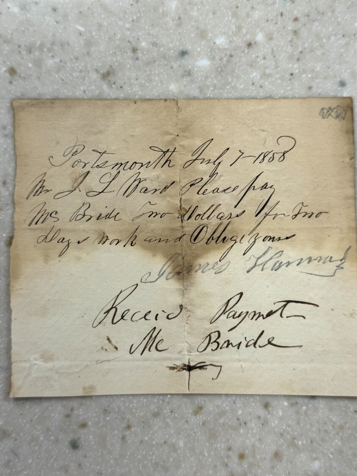 1858 Portsmouth, Ohio Handwritten Business Receipt/IOU Name: McBride