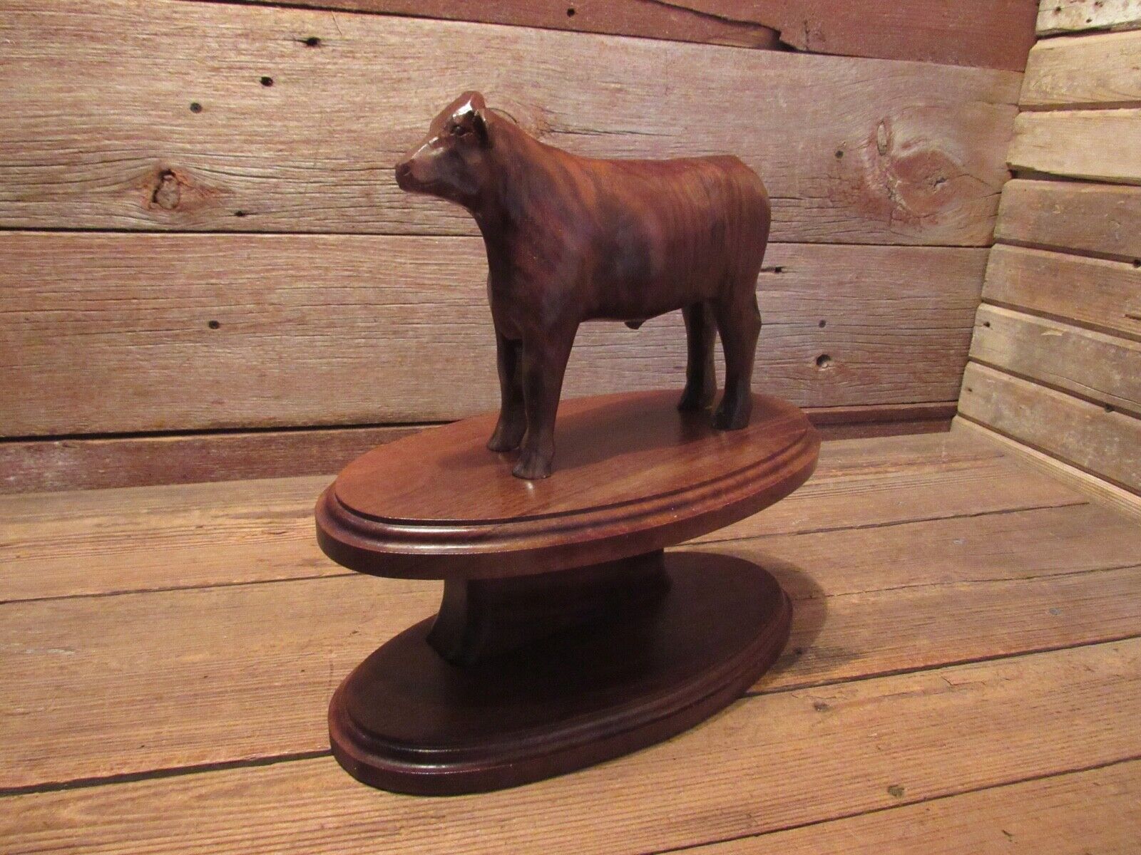 Vintage Wooden BLACK ANGUS BULL Figurine 0n Trophy Stand Country Farm Cow