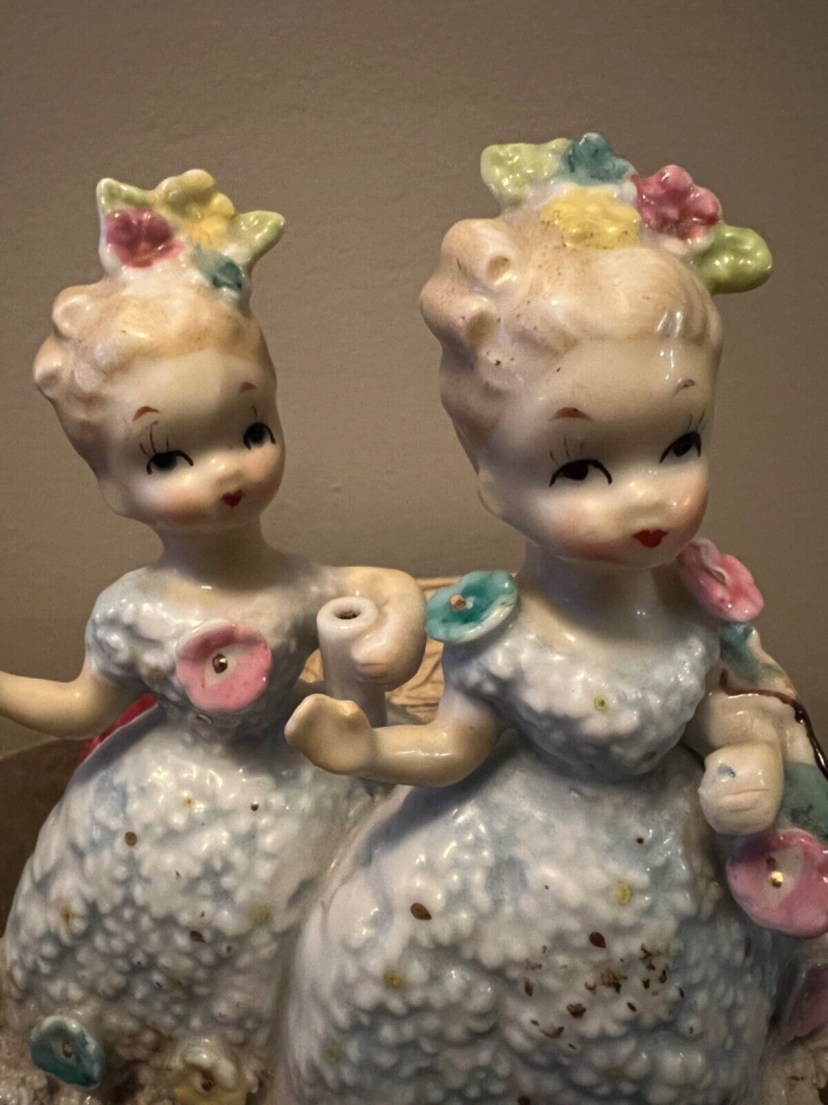 Ardalt rare 1950s twin strolling girls figurine with flowered dresses