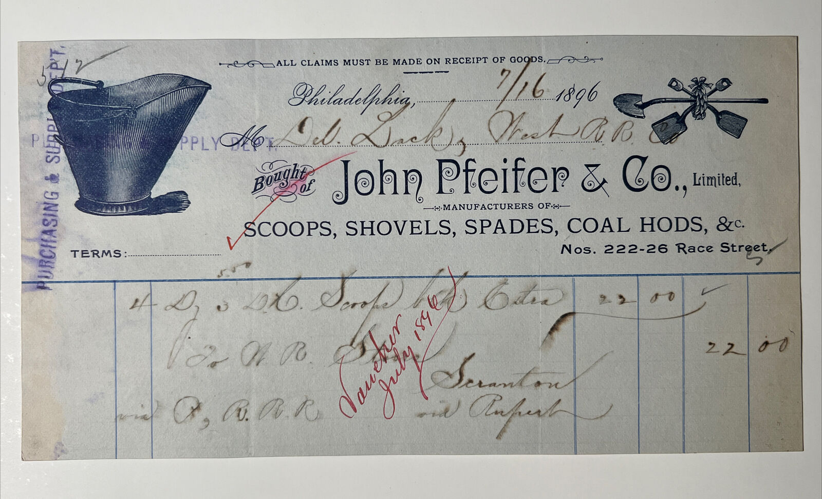 antique 1896 Bill Head JOHN PFEIFER & Co COAL Scoops SHOVELS PHILADELPHIA PA