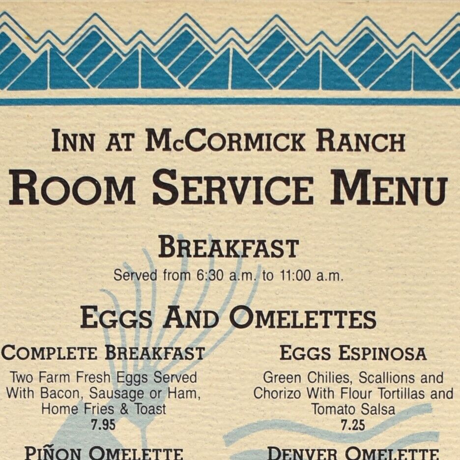 1992 McCormick Ranch Inn Restaurant Room Service Menu Hotel Scottsdale Arizona