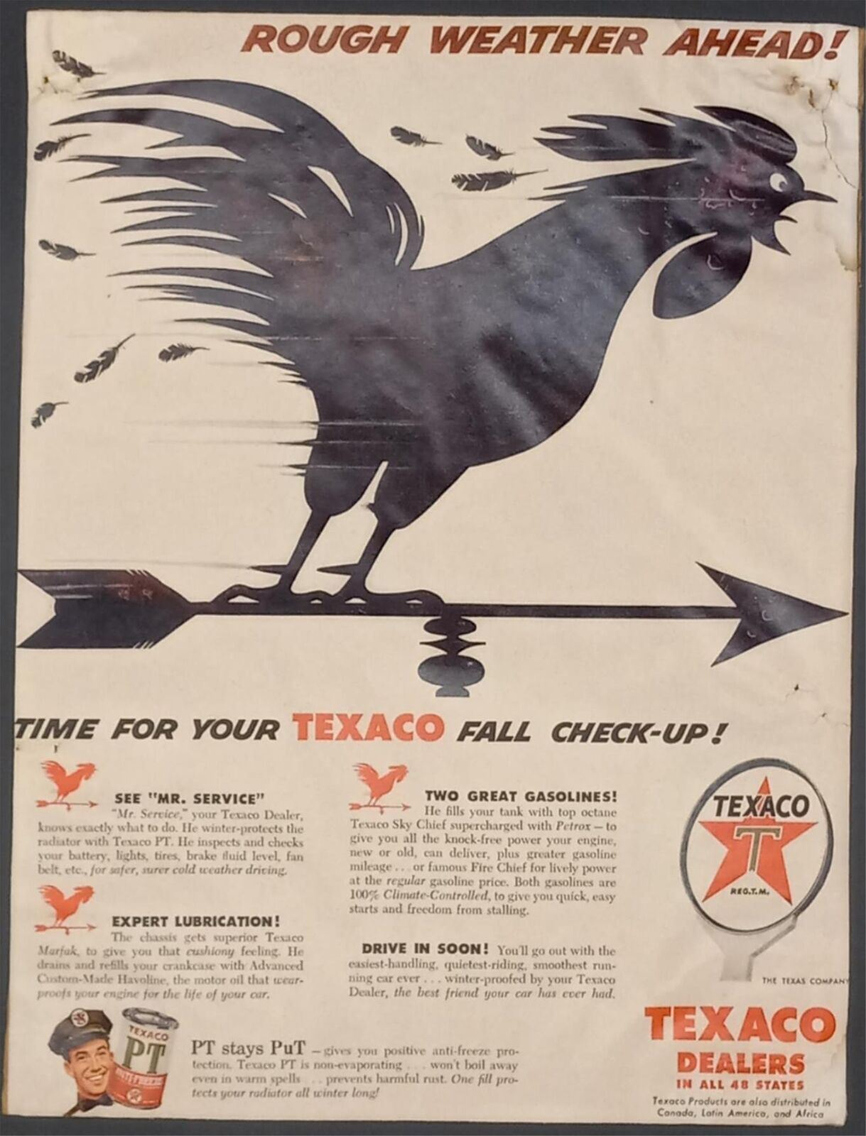 1940s TEXACO PT ROOSTER WEATHER VANE ROUGH WEATHER VINTAGE ADVERTISMENT OS1