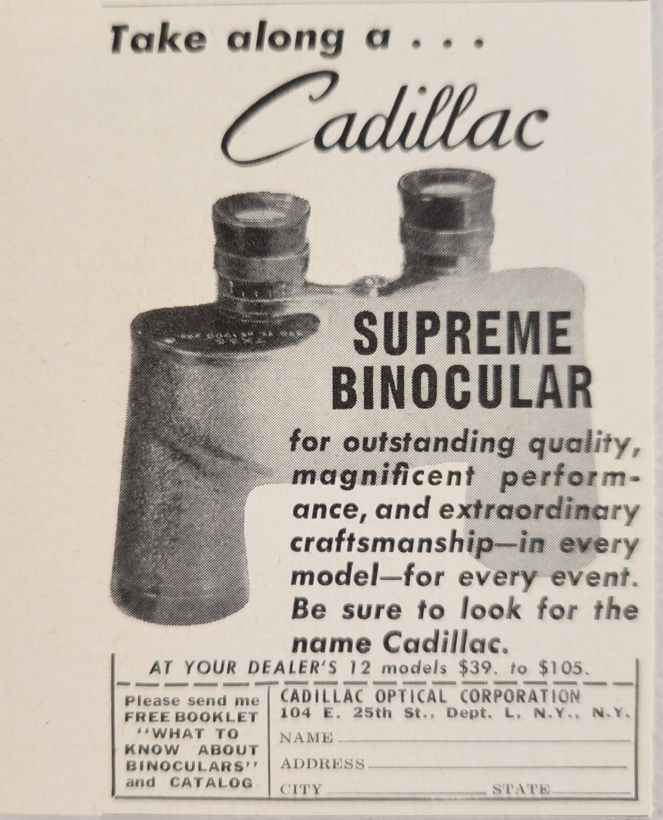 1956 Print Ad Cadillac Supreme Binoculars Outstanding Quality New York,NY