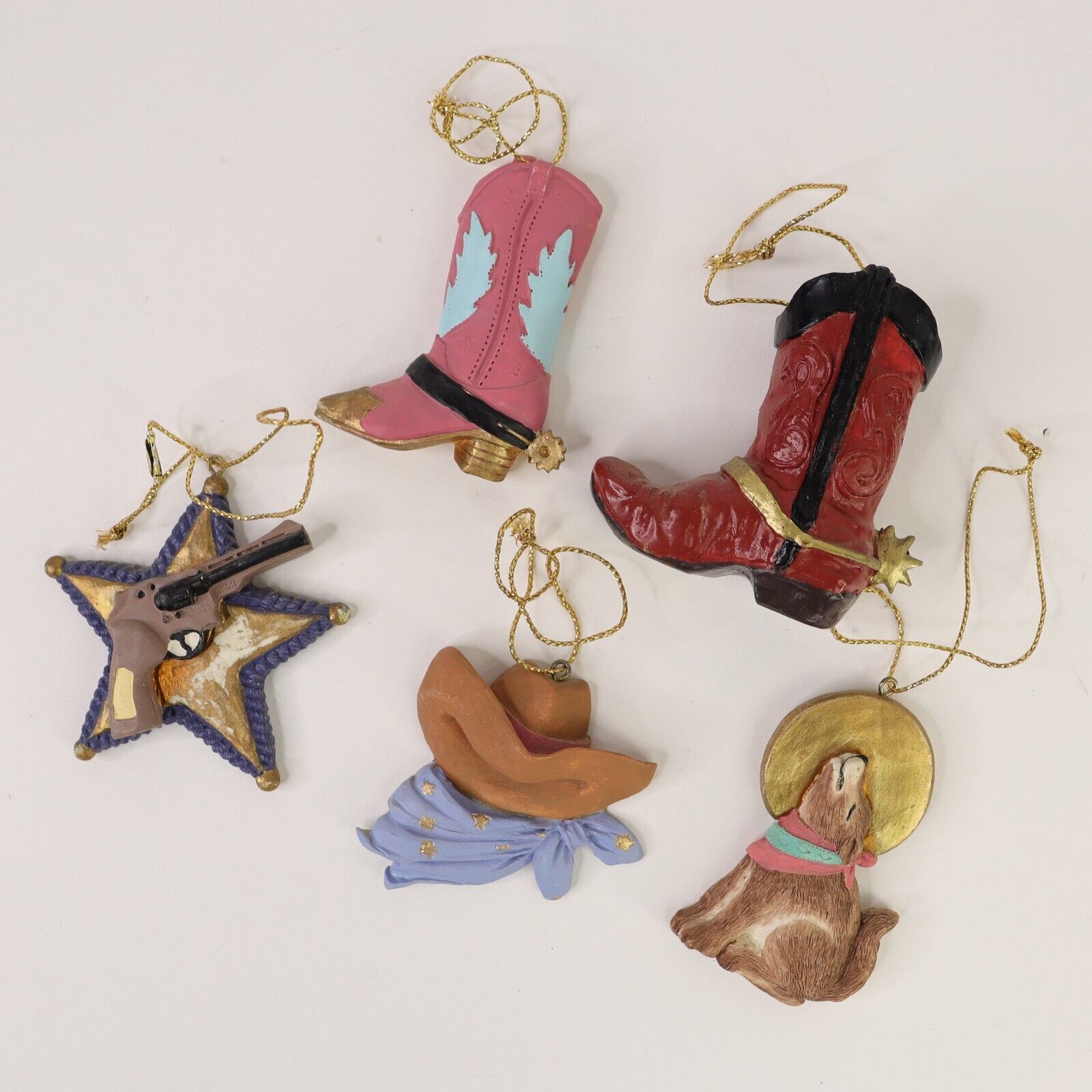 Lot of 5 Vintage Cowboy Cowgirl Hat Boot Dog Christmas Ornaments Holiday