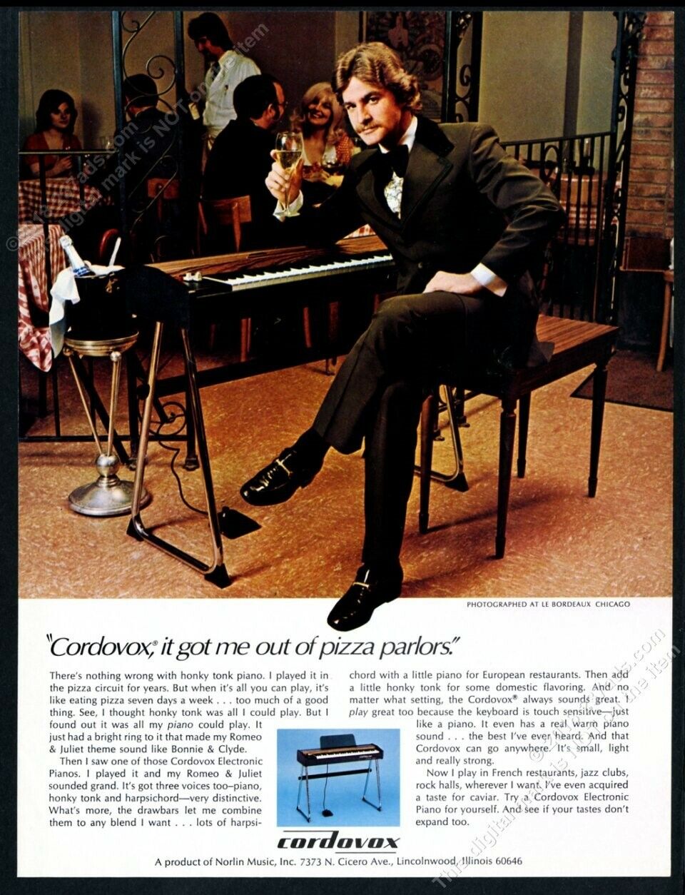 1974 Cordovox electronic piano Le Bordeaux Chicago photo vintage print ad
