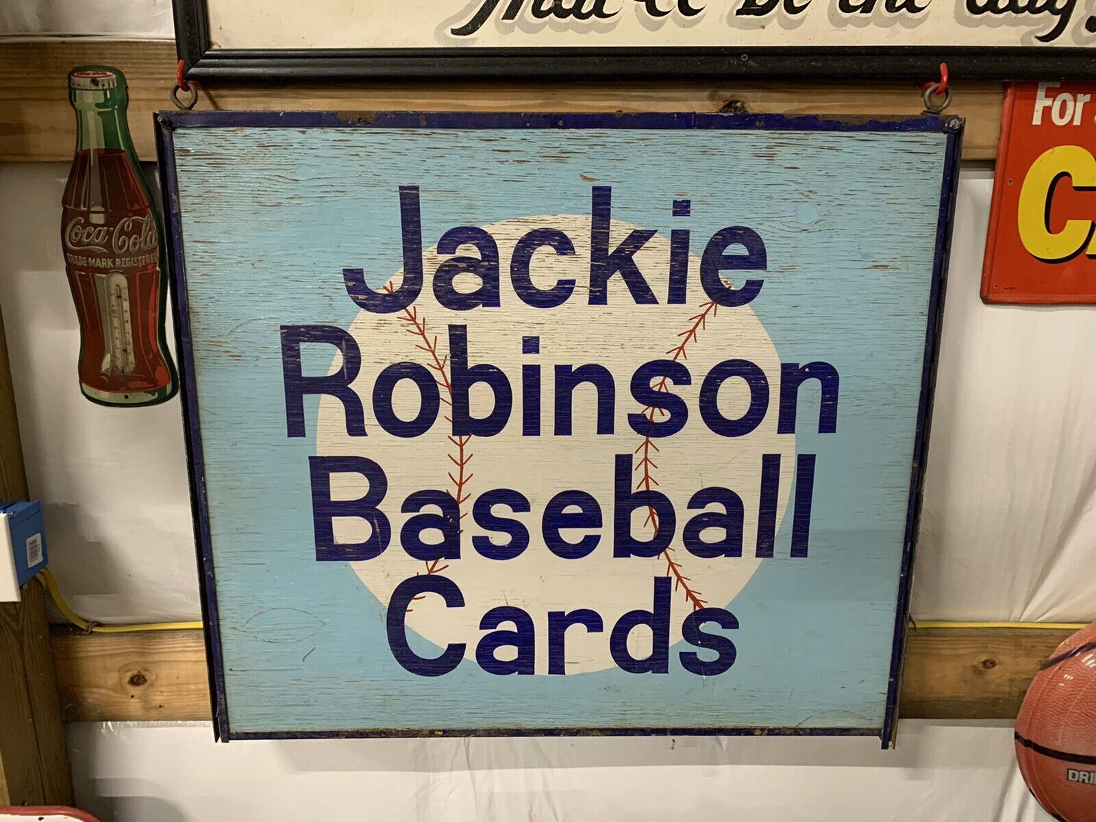 Rare Vintage Wooden & Metal Jackie Robinson Baseball Cards Sign GAS OIL SODA 