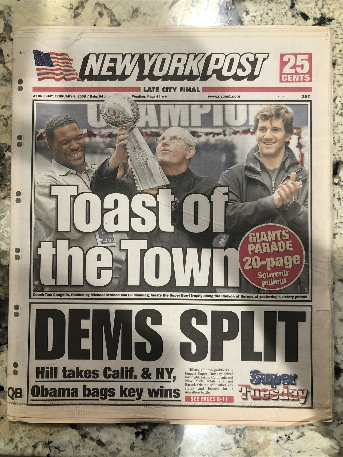 NY Post Feb 6, 2008 - Toast of Town / Pic Perfect NY Giants - **PRICE REDUCED**