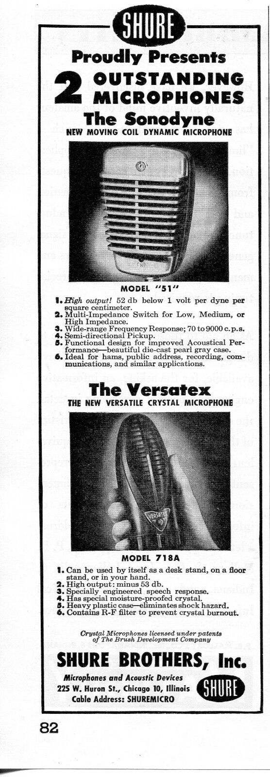 1948 small Print Ad of Shure Microphones Model 51 Sonodyne & 718A Versatex