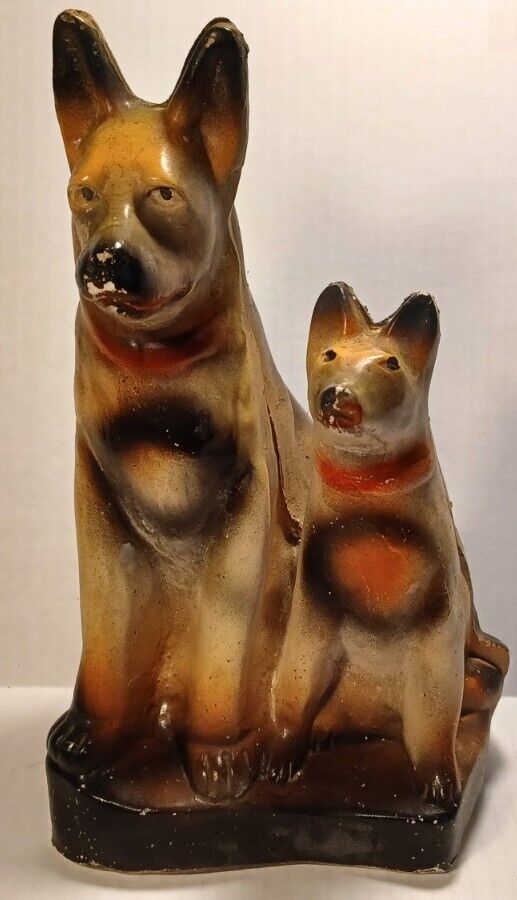 Vintage 1930's-40's Carnival Chalkware Dogs. Rare Paired Style German Shepards.