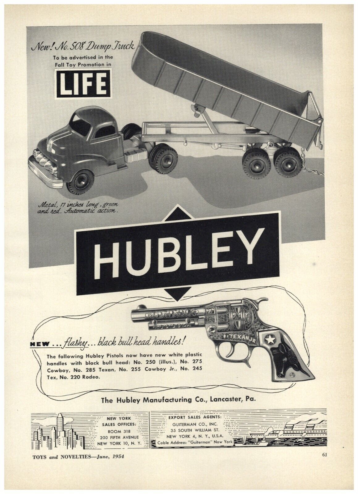 1954 PAPER AD Hubley Toys #508 Dump Truck Texan Cap Gun Pistol Block City 
