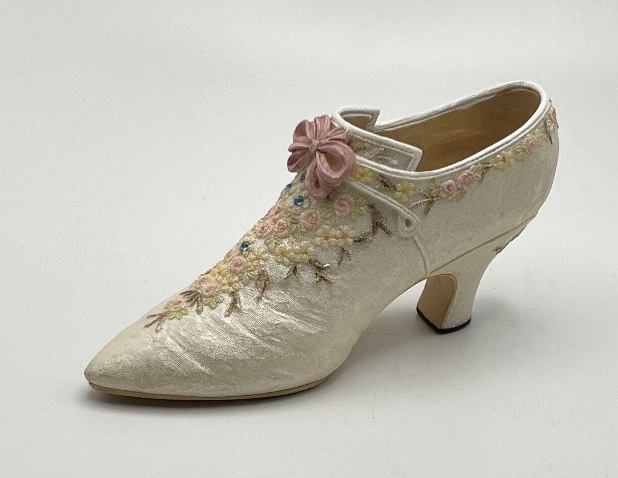 Vtg.  Nostalgia “If The Shoe Fits”Victorian Shoe. Pearlescent With Flowers