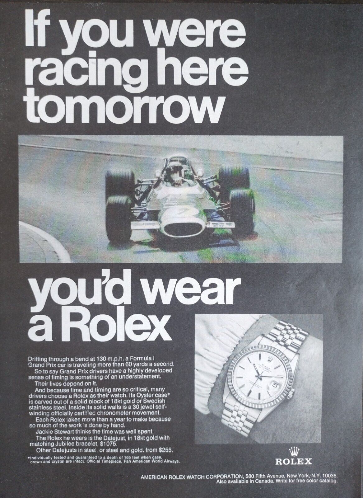 Vintage 1969 Rolex Datejust Jubilee Jackie Stewart Grand Prix Original Ad 1223