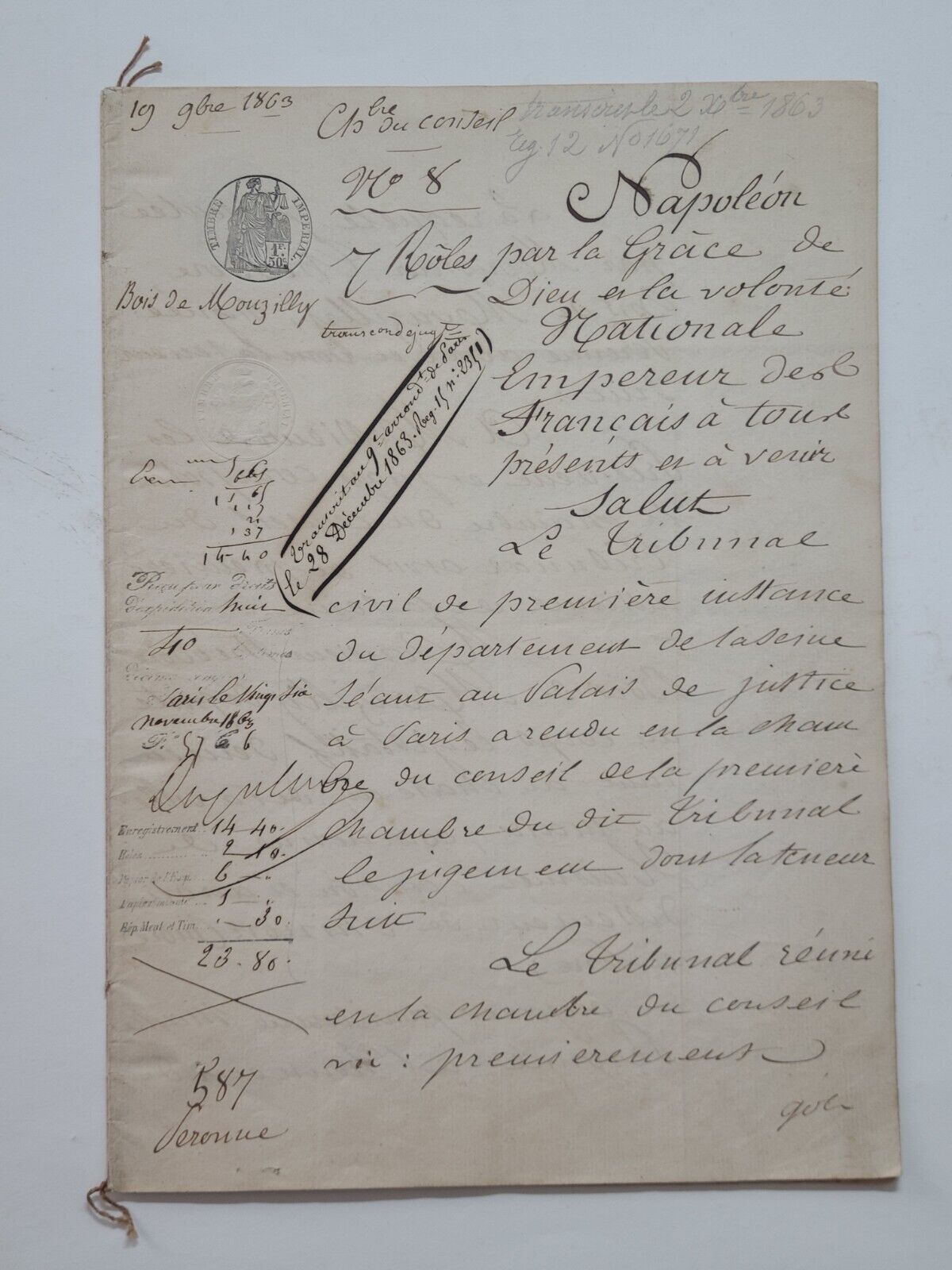 Original 1863 Napoléon Government Transcript Por Le Tribunal by Smitty