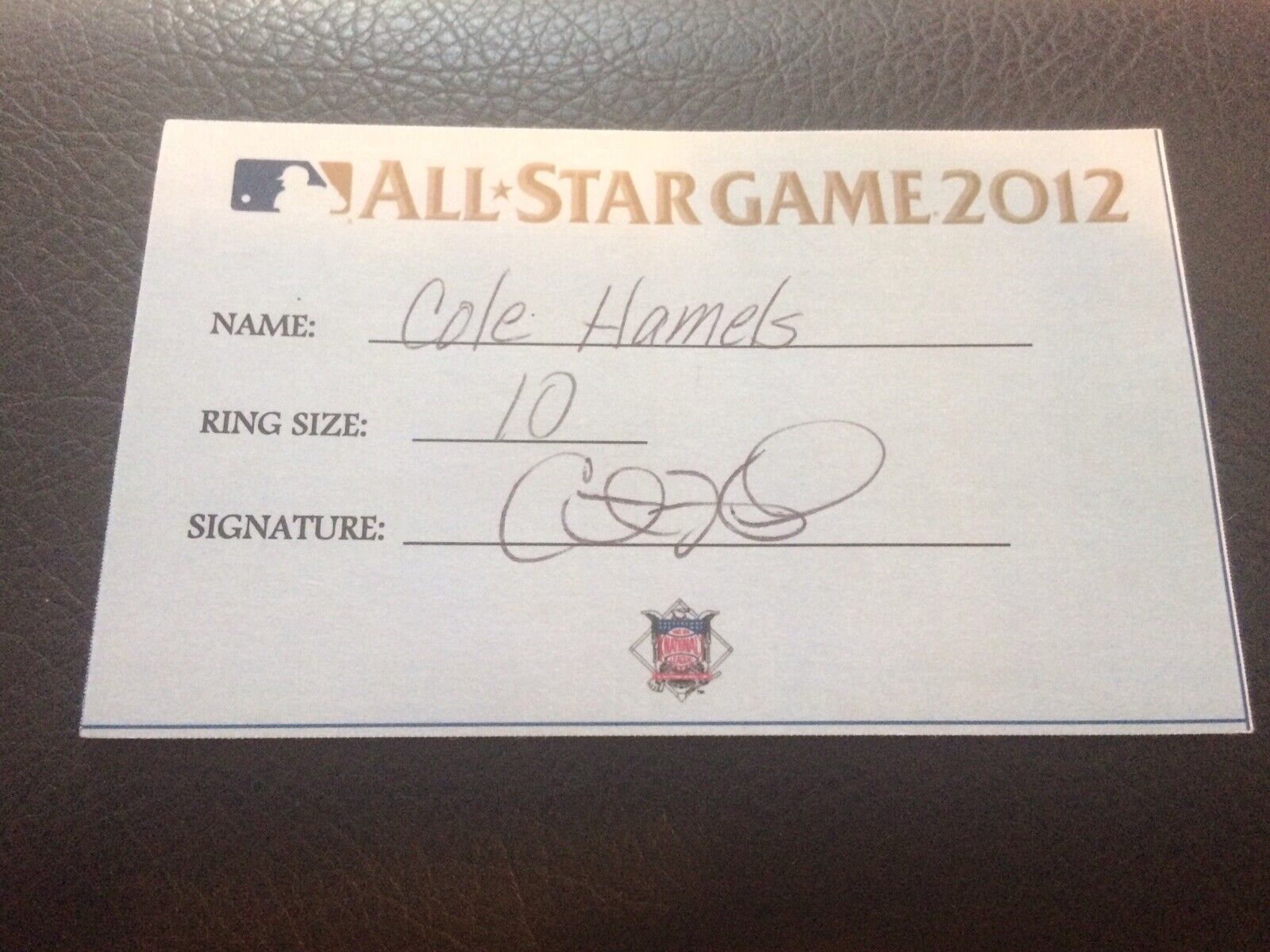2012 Cole Hamels Signed All Star Ring Receipt Auto MLB Philadelphia Phillies