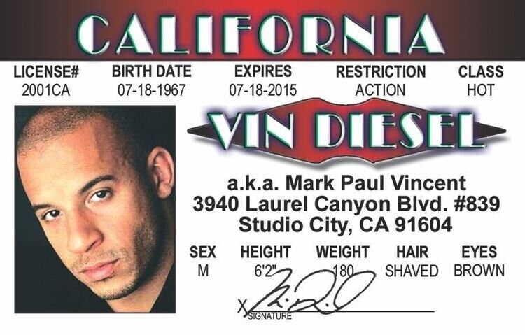 VIN DIESEL (MARK PAUL VINCENT) LIMINATED DL TRADING CARD
