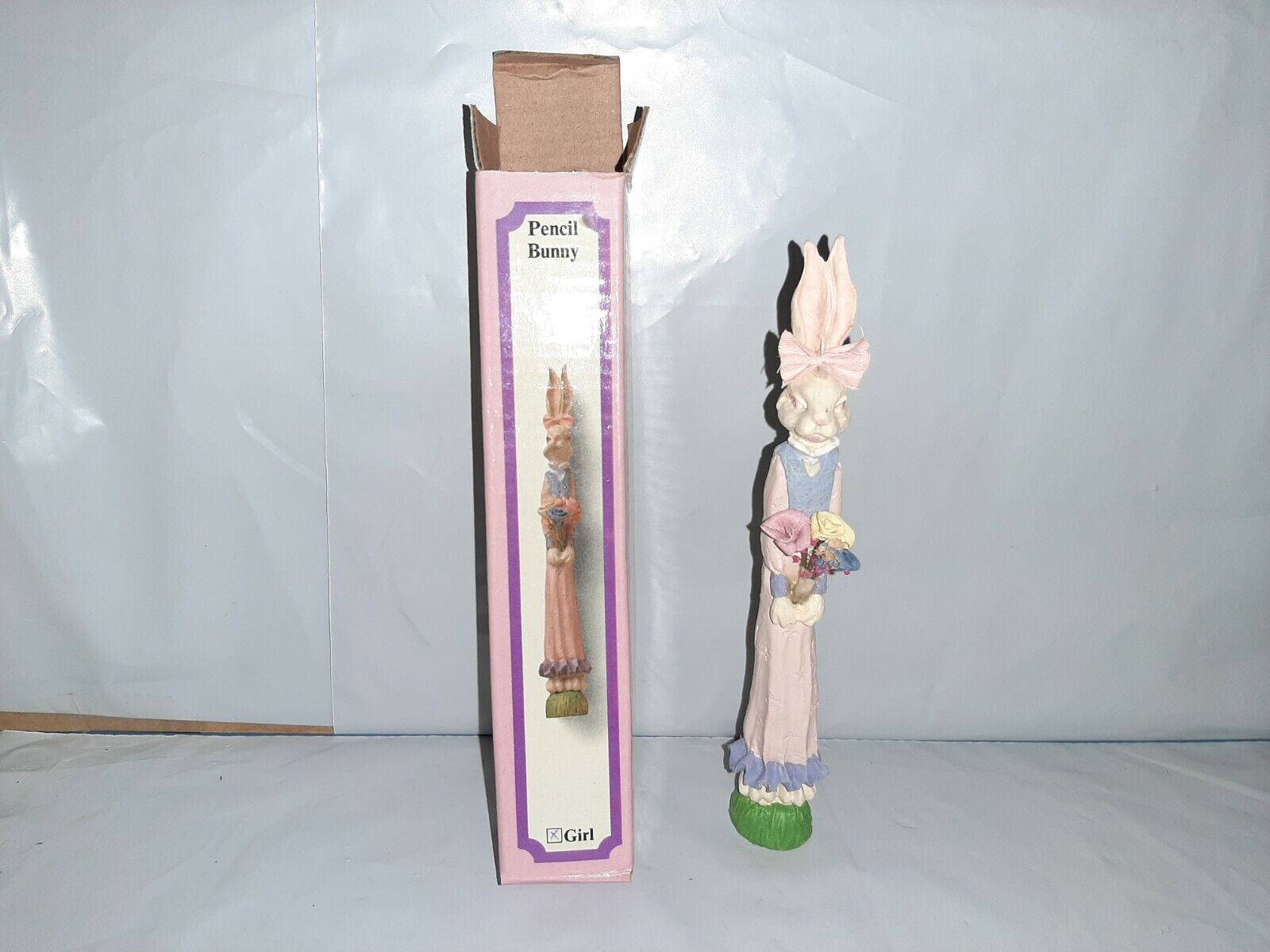 Vtg 1990s Bunny Rabbit Figurine Pencil Bunny Girl Tall Skinny Easter Boxed NOS