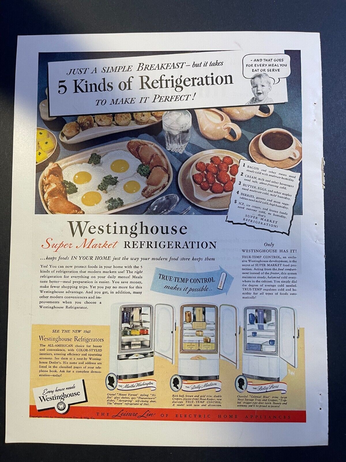 Magazine Advertisement 1941 Westinghouse Refrigerators