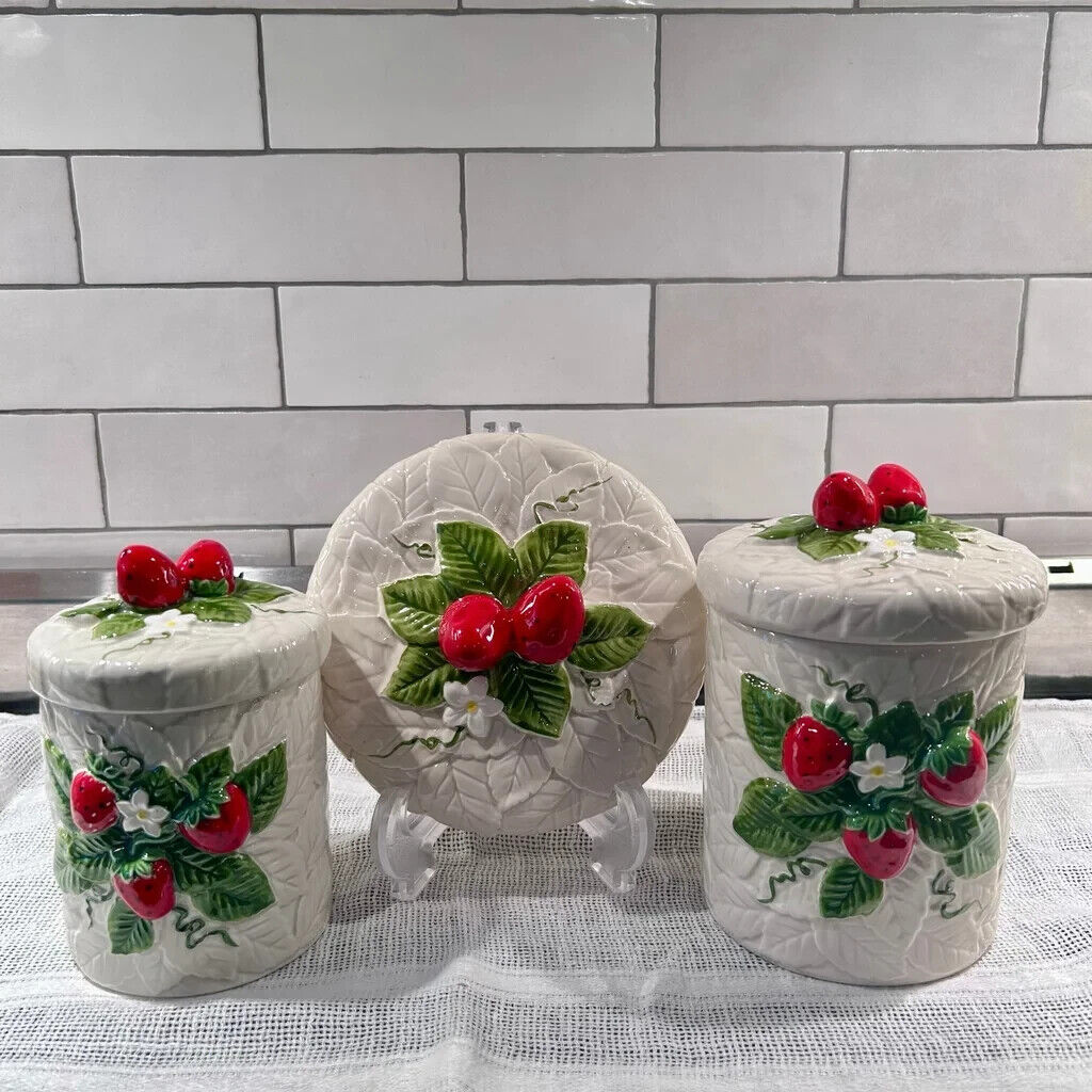 Set of 2 1981 Sears Ceramic Canisters “Strawberry Coordinates” w/Extra Lid