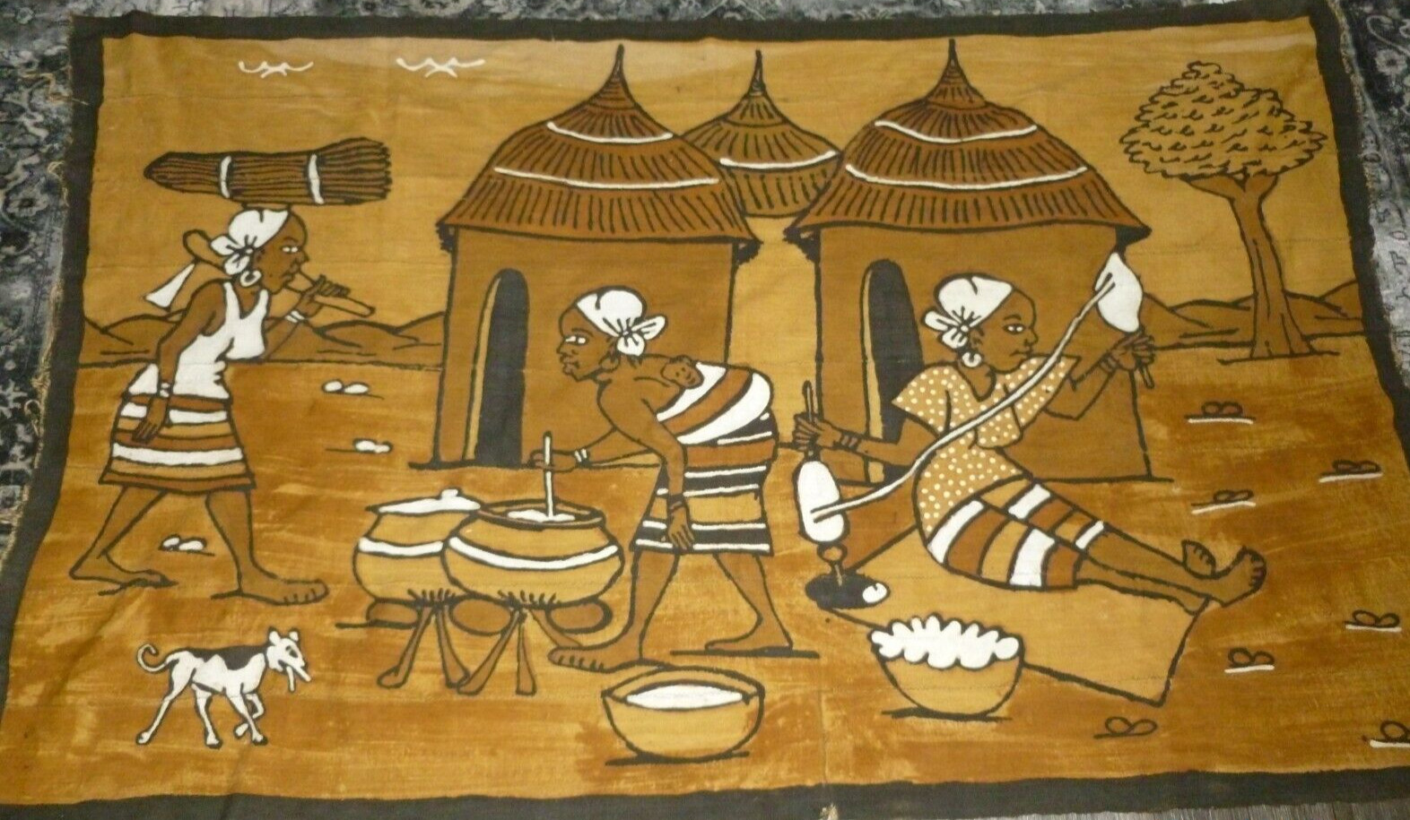 Vintage African Tribal Korhogo Hand painted Mud Cloth Tapestry Sewn 42x86\