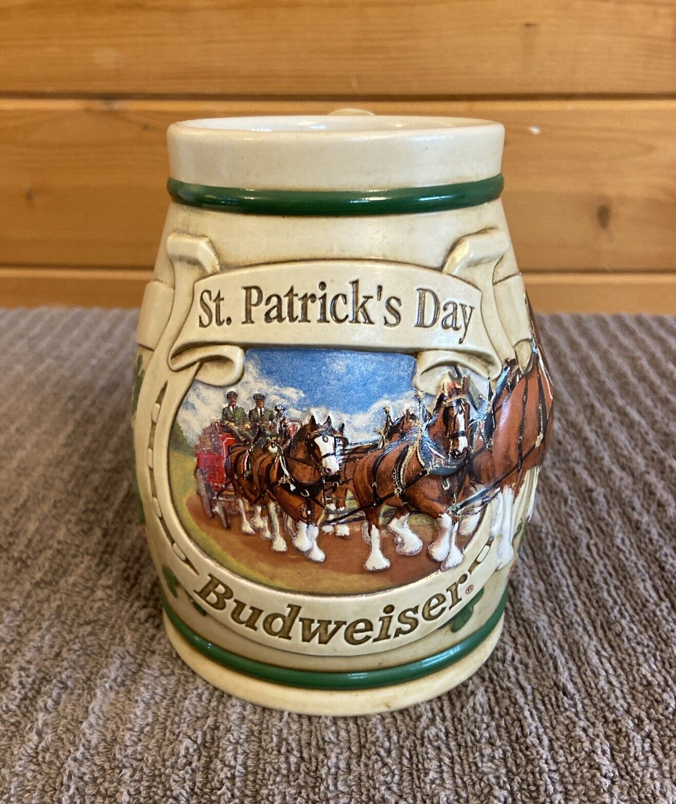 Budweiser 1996 St. Patrick\'s Day Shamrocks Clydesdales Horseshoe Stein Beer Mug