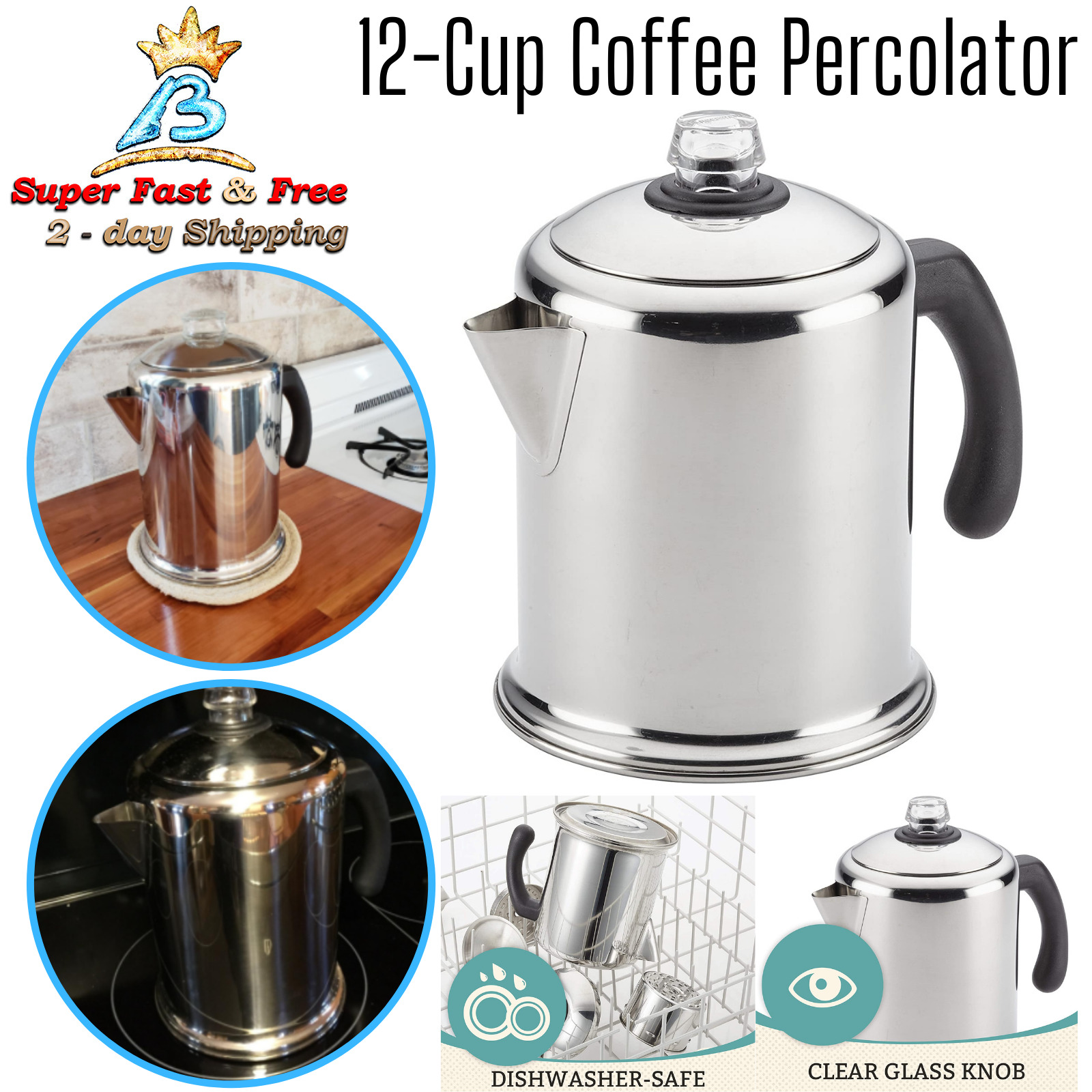 Classic Stainless Steel 12 Cups Coffee Brewer Tea Pot Percolator Indoor Stovetop