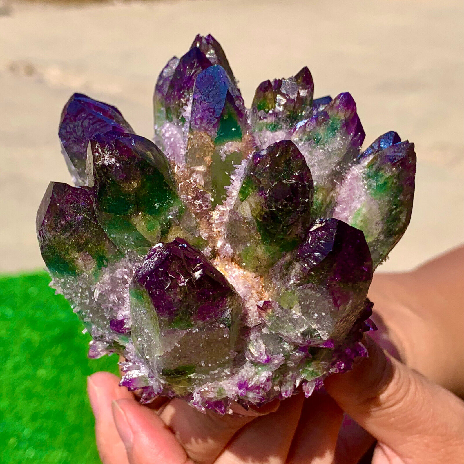 469G  New Find purple-green Phantom Quartz Crystal Cluster Mineral Specimen Hea