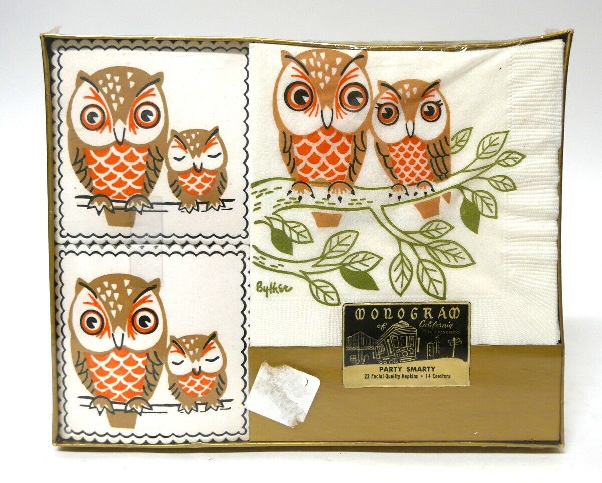 Vintage  Monogram of California Owls 22 Napkins And 14 Coasters Set